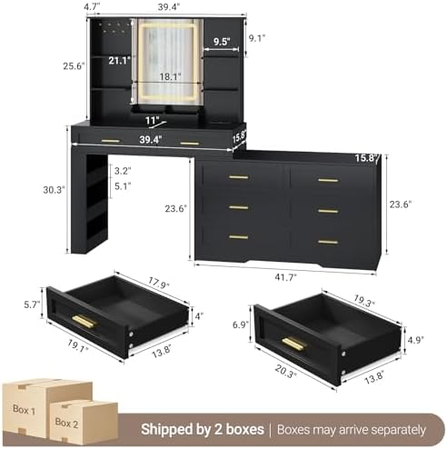ELYKEN Makeup Vanity Desk with Mirror and Lights, Dresser Combo, Black - Image 2