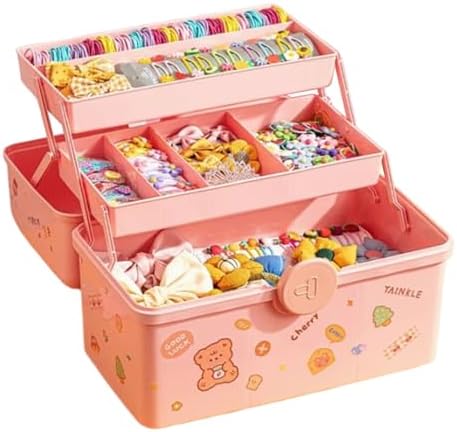 Hair Accessories Organizer for Girls Headbands, Clips, Ties,Baby Girl Supplies, Lockable Three-layer Folding Craft Organizers and Storage Plastic Kids Jewelry Box, Birthday Gifts for Little Girls by ANLEM