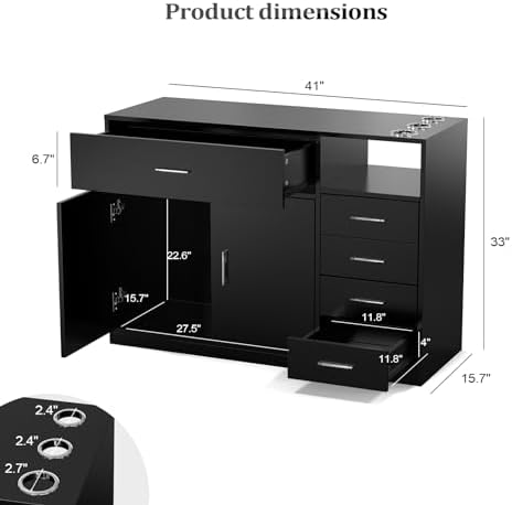 OmySalon Salon Station Free Standing Cabinet, Barber Hair Styling Stations, Beauty Spa Equipment with 5 Drawers, 1 Storage Cabinet, 3 Hair Dryer Holders, Black - Image 3