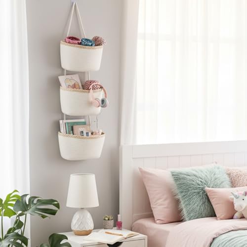 TeoKJ Over the Door Hanging Storage Basket Wall Organizer White&Light Brown - Image 3