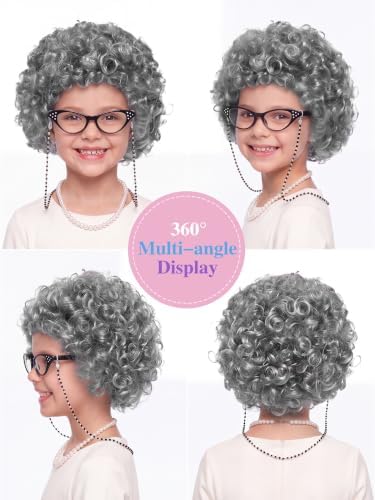 URATOT 5 Pieces Halloween Old Lady Wig Costume Set Grandma Wig Hair Rollers Glasses Chain Necklace Bracelet - Image 2