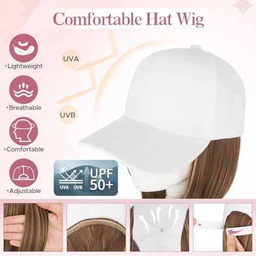 SEGO Baseball Cap with Hair Extensions for Women Synthetic Hair Attached Short Straight Hairpiece White Baseball Cap Wig Adjustable Hat Wigs for Women 6 Inch 10P22T Medium Brown Mix Dark Blonde - Image 2