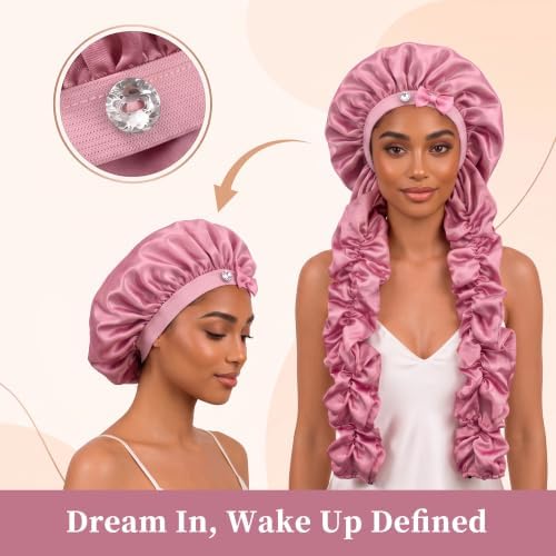 Heatless Curl Sleep Bonnet, Night Cap with Long Ribbons for Braids Pink - Image 2