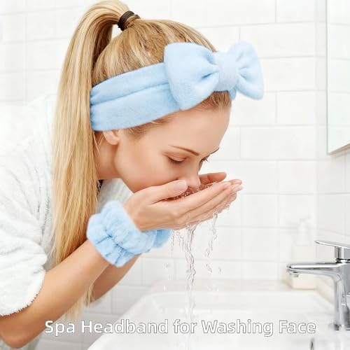 7 Pcs Spa Set, Facial Headband and Wristband Set, Skincare Accessories, College Style Girl Idea Gifts, Hair Accessories for Women and Girls (Blue) - Image 2