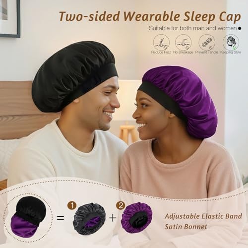 2PCS Double Layer Adjustable Satin Bonnets for Sleeping Women（Gold+Purple） - Image 4