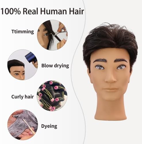 12" Male Mannequin Head with 100% Real Human Hair for Barber Exam & Styling Practice Training, Professional Haircut Manikin Doll Head with Free Clamp Stand, Deep Black - Image 4