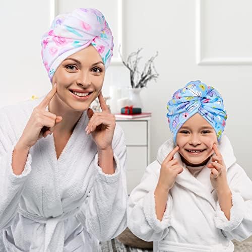 Basumee Microfiber Hair Towel Wrap for Kids 2 Pack Rapid Drying Hair Towel with Button Hair Turbans for Wet Hair Wraps Head Towel Wrap for Women and Girls, Flower - Image 2