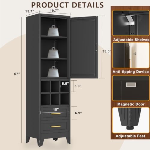 67" Tall Metal Pantry Cabinet, Narrow Freestanding Storage Cabinet, Black - Image 3