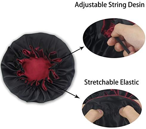Women Large Satin Bonnet Adjustable Silky Sleep Cap Hair Bonnet Double Layered Reversible for Curly,Natural Hair (XL-Adult, XL Black-Red) - Image 5