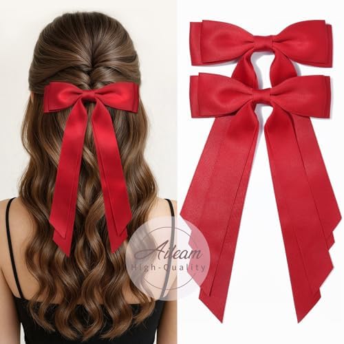 2PCS Silky Satin Hair Bows Hair Clip Red Hair Ribbon Ponytail Holder Accessories Slides Metal Clips Hair Bow for Women Girls Toddlers Teens Kids - Image 6