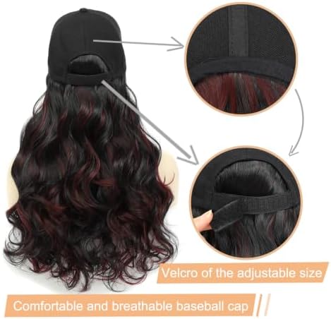 Hat Wig Baseball Cap with Long Wavy Wig Layered Highlights Burgundy Hair - Image 4