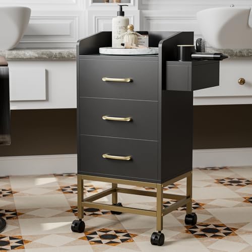 Beauty Salon Storage Trolley Cart, Mobile Hair Salon Station Hairdressing Tools Organizer Cabinet with 3 Drawers, Hair Dryer Holders and Lockable Rolling Wheels(Black Gold) by enjoyyourwonderfullife