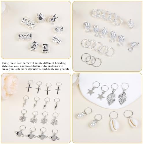 259 Pcs Hair Jewelry for Braids,Gold Hair Accessories for Women,Loc Jewelry for Hair Dreadlock Metal Hair Charms Braids Rings Cuffs Clips for Dreadlock Accessories Extensions Decorations Silver - Image 5