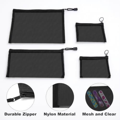 Mesh Bags with Zipper Set (4 Packs), Nylon Makeup Bag Cosmetic Pouches Travel Organizer Case for Purse Diaper Bag Home Organizing Black 2*Mini/1*Medium/1*Large - Image 7