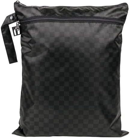 Bumkins Roamio Waterproof Wet Dry Bag for Baby, Travel, Swim Suit, Cloth Diapers, Pump Parts, Pool, Beach, Gym Clothes, Toiletry, Hook to Stroller, Daycare, Zipper Reusable Wetdry Packing, Black Check by Bumkins