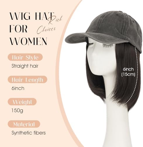 Rich Choices Hat Wigs for Women,Dark Gray Baseball Cap with Hair Extensions for Women,Short Bob Hairstyle Caps with Straight Synthetic Hair Attached Adjustable Baseball Cap Wig 6 Inch Dark Brown Hair - Image 2