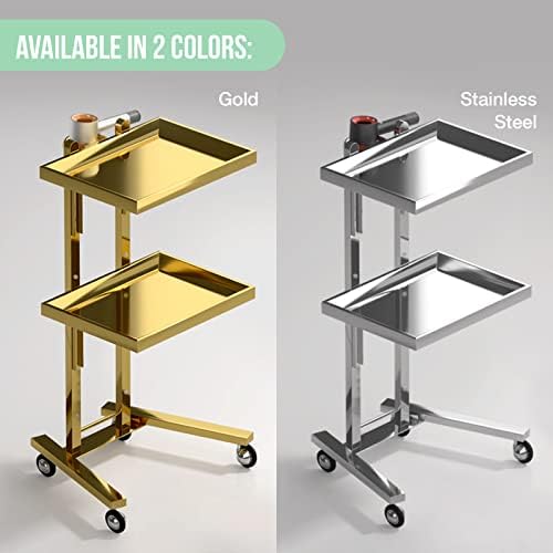 Multifunctional 2-Tray Utility Cart on Wheels - Gold 2-Level Medical Trolley Cart - Mobile Storage Tray Cart for Dental Tools, Cavitation Machine, Salon Supplies - Brass Foldable Storage Trays - Image 6