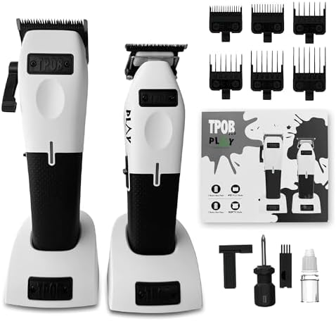 TPOB Play Barber Hair Clippers & Trimmer for Men 7500 RPM with Rubber Grips (White 2 Set) by TPOB