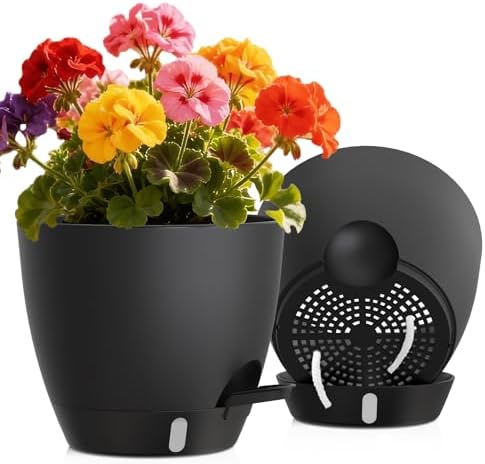 Self Watering Pots with Drainage Holes, 2 Pack 8 Inch Plant Pots with Water Level Indicator Deep Reservoir, Large Plastic Planter for Indoor Outdoor Plants - Black by KUGAZ