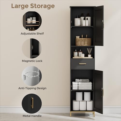Homhedy 67" H Bathroom Storage Cabinet, Tall Bathroom Cabinet, Black - Image 4