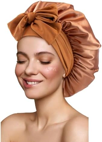 Satin Silk Hair Bonnet for Sleeping Large Bonnets with Tie Band Wrap with Adjustable Straps Night Sleep Caps for Women Curly Braid Hair Copper by GiLi