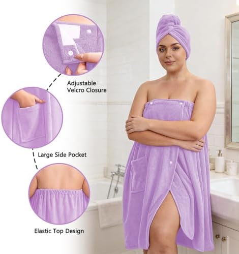 Women’s Plus Size Towel Wrap with Hair Towel (2XL-4XL), Oversized Shower Body Wrap Bathrobe, Soft Quick-Dry Hair Drying Towel for Spa Use Light Purple - Image 4