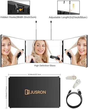 JUSRON 360 Viewing Angle Self Hair Cutting Mirror, Clear Anti-Fog HD Glass, USB Rechargeable, Easy to Use, Height Adjustable, Portable, Good Choice for Gifts - Image 4