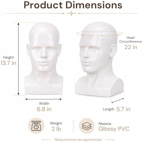 Male Mannequin Head 13.7", Glossy White Wig Hat Display Stand - Image 2