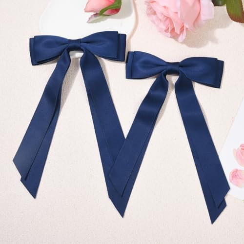 6PCS Navy Blue Hair Bows, Large Ribbon Bow Hair Clips for Girls Women Cute Ponytail Holder Accessories for Toddlers Kids Teens - Image 2