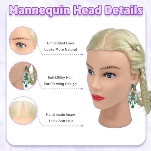 Mannequin Head Human Hair- Cosmetology Manikin Doll Head with 80% Real Hair for Hairdresser Practice Styling Braiding & Free Clamp Holder (Blonde) - Image 3
