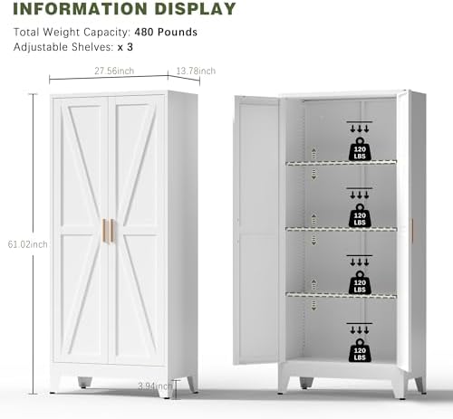 COFaR White Farmhouse Storage Kitchen Pantry Cabinet with 2 Barn Door, 3 Adjustable Shelves and Legs, for Cupboard/Dining Room/Bathroom/Living Room/Office/Laundry Room (White, 61" Farmhouse) - Image 2