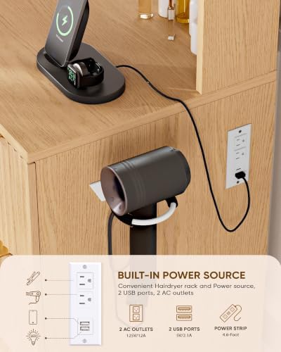 LIVELYGLOW 43" Large Natural Wood Makeup Vanity Desk with Charging Station - Image 7