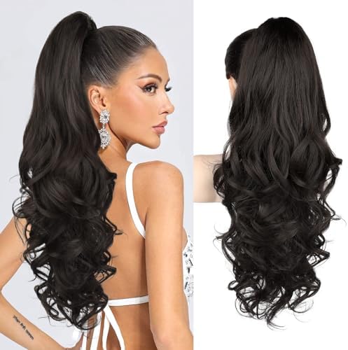 REECHO Ponytail Extension, 24" Claw Clip in Ponytail Extension Long Curly Wavy Ponytail Hair Extension Jaw Clip on Pony Tails Hairpiece for Women - Black Brown by REECHO