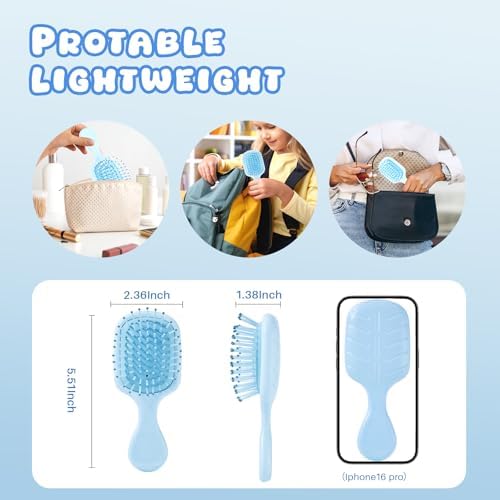 Mini Hair Bursh for Women Men and Kids, Protable Travel Size Hair Brush for Pockets Purses, Mini Detangler Brushes for All Hair Types, Small Paddle Brush for Detangling(Blue) - Image 2