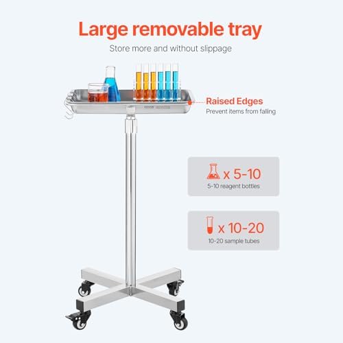 VEVOR Mayo Stand, Stainless Steel Mayo Tray, Load Capacity up to 36 lbs, Adjustable Height 31.9"-55", Medical Tray on Wheels with Removable Tray for Spa, Salon, Clinic, Personal Care - Image 5