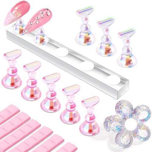 Makartt Press on Nails Stand: Clear and Pink Nail Holder for Painting Nails, Stands for Art Display Practice, Magnetic Clear Glitter Flower Fake Holders with Reusable Adhesive Putty for Home Salon DIY by Makartt