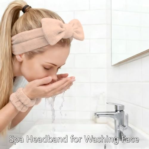7 Pcs Spa Set, Facial Headband and Wristband Set, Skincare Accessories, College Style Girl Idea Gifts, Hair Accessories for Women and Girls（Brown） - Image 4