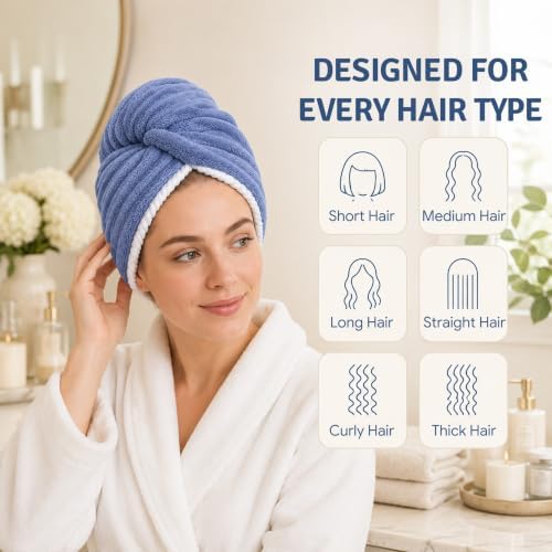 2 Pack Microfiber Hair Towel Wraps, Quick Dry Turbans, White & Blue - Image 4
