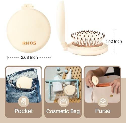 RHOS Compact Foldable Hair Brush with Mirror for Women, Men & Kids - Small Pocket & Portable Travel Brush (Beige) - Image 2