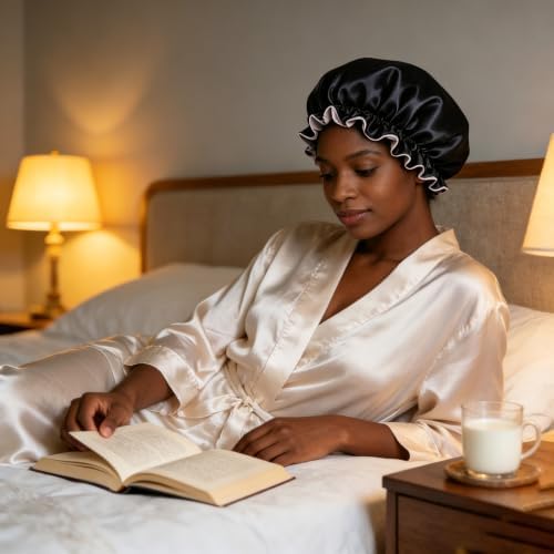Satin Bonnet for Sleeping Women Wide Elastic - Double Layer Satin Bonnet Hair Bonnet Night Sleep Cap for Curly Hair - Image 5