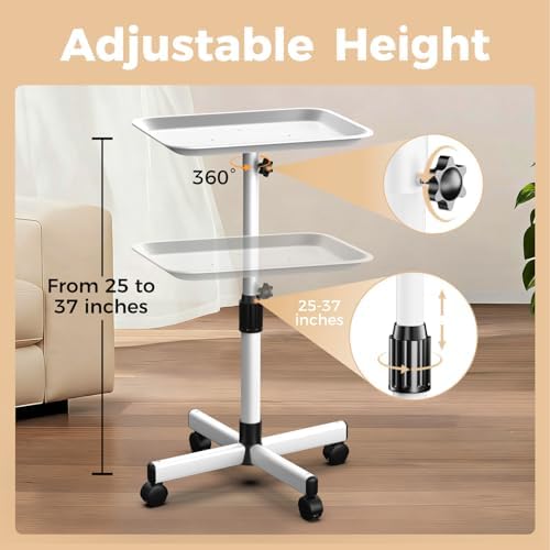 36" Salon Tray on Wheels White, Adjustable Height Tattoo Tray Cart - Image 2