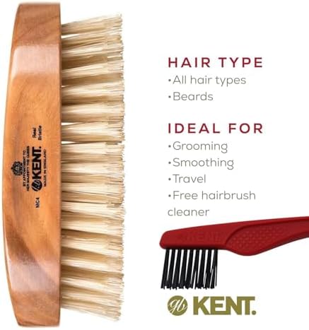 Kent MC4 Men's Hair and Beard Brush Kit: Exfoliating Natural Boar Bristle Hair Brush, Cherrywood Base with Firm Bristles for Coarse Hair Types - LPC3 Brush Cleaner - Premium Grooming Set - Image 2