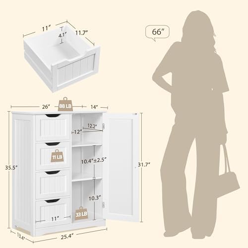 Yaheetech Bathroom Storage Cabinet with 4 Beadboard Drawers and Door, White - Image 3