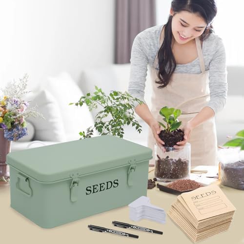 Seed Storage Organizer, 4 Compartment Seed Storage Box with Safety Lock, Metal Seed Box Container with 2 Pens, 20 Plant Labels and 50 Seed Envelopes for Seed Packet & Small Garden Tool, Green - Image 4