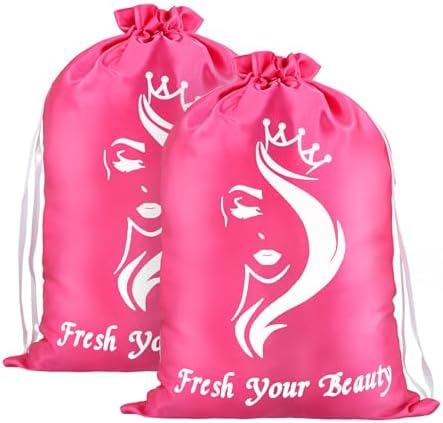 2PCS Satin Storage Pouches with Drawstring for Wig Packaging, Hair Extensions, Bundles & Tools - Travel Carrying Case (Pink) by AIHOPESTO