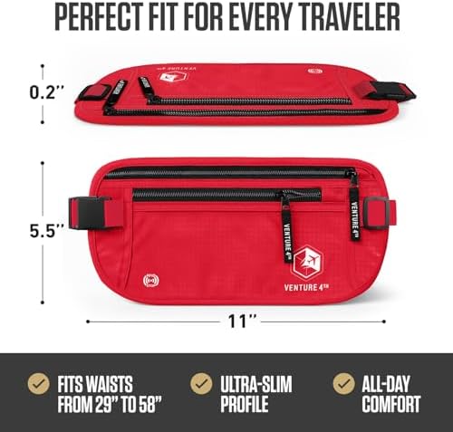 VENTURE 4TH Travel Money Belt, RFID Blocking Passport Holder - Red - Image 3