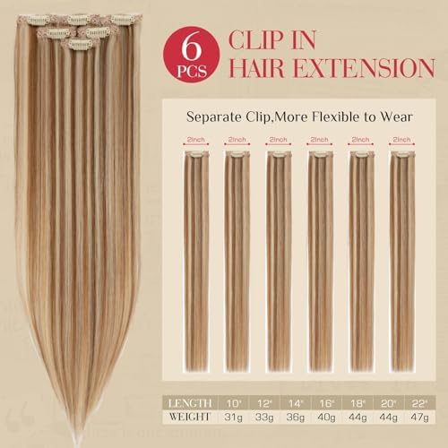 Rich Choices Real Human Hair Clip In Extensions-6 Pcs Single Clip Design-Invisible Clip in Extensions for Thin Hair-Hairpieces for Women/Men-16 Inches #6P613R Light Brown Highlight Bleach Blonde - Image 2