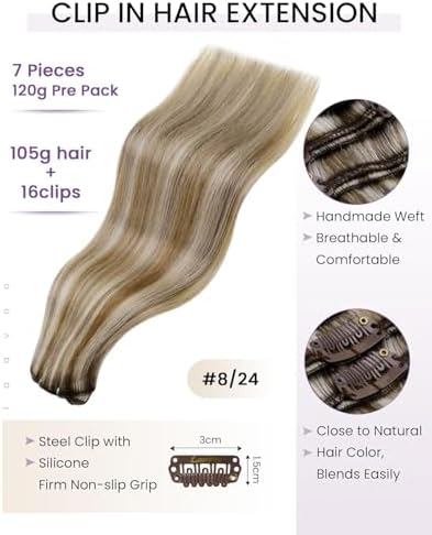LaaVoo Clip On Extensions Human Hair, For Natural Look, 18 Inch - Image 2