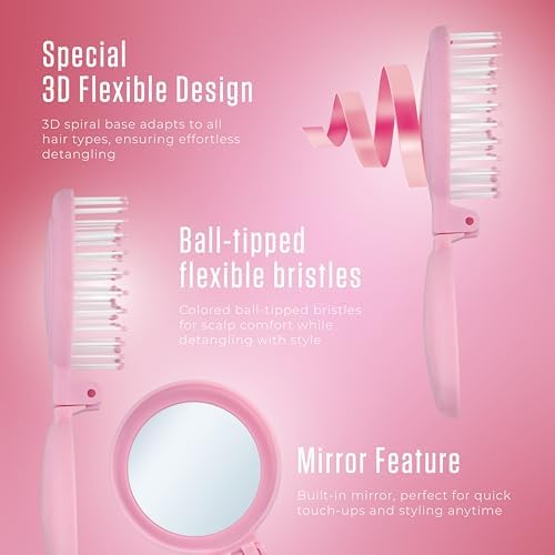 Mini Detangler Travel Hair Brush with Mirror, Makaron Hair Brushes for Women, Men and Kids, Unique 3D Flexible Design for All Hair Types, Styling Accessory, Travel Essentials for Women (LILAC) - Image 2