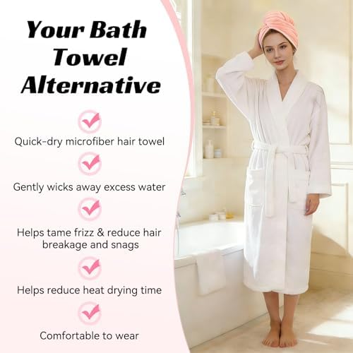 Microfiber Hair Towel Wrap for Women, Soft Lightweight Quick Dry Turban, Drying Hair Towels for Women, Hair Drying Towel with Button for Curly & Long Hair - Pink (Note: This model is ultra-slim.) - Image 4